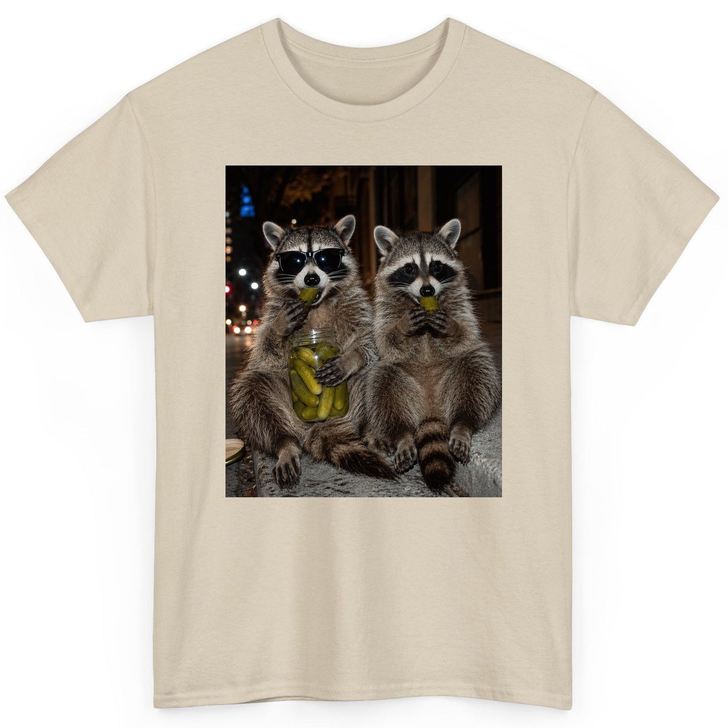 Raccoons Eating Pickles Funny Animal Lovers T-Shirt - product mockup - Sand