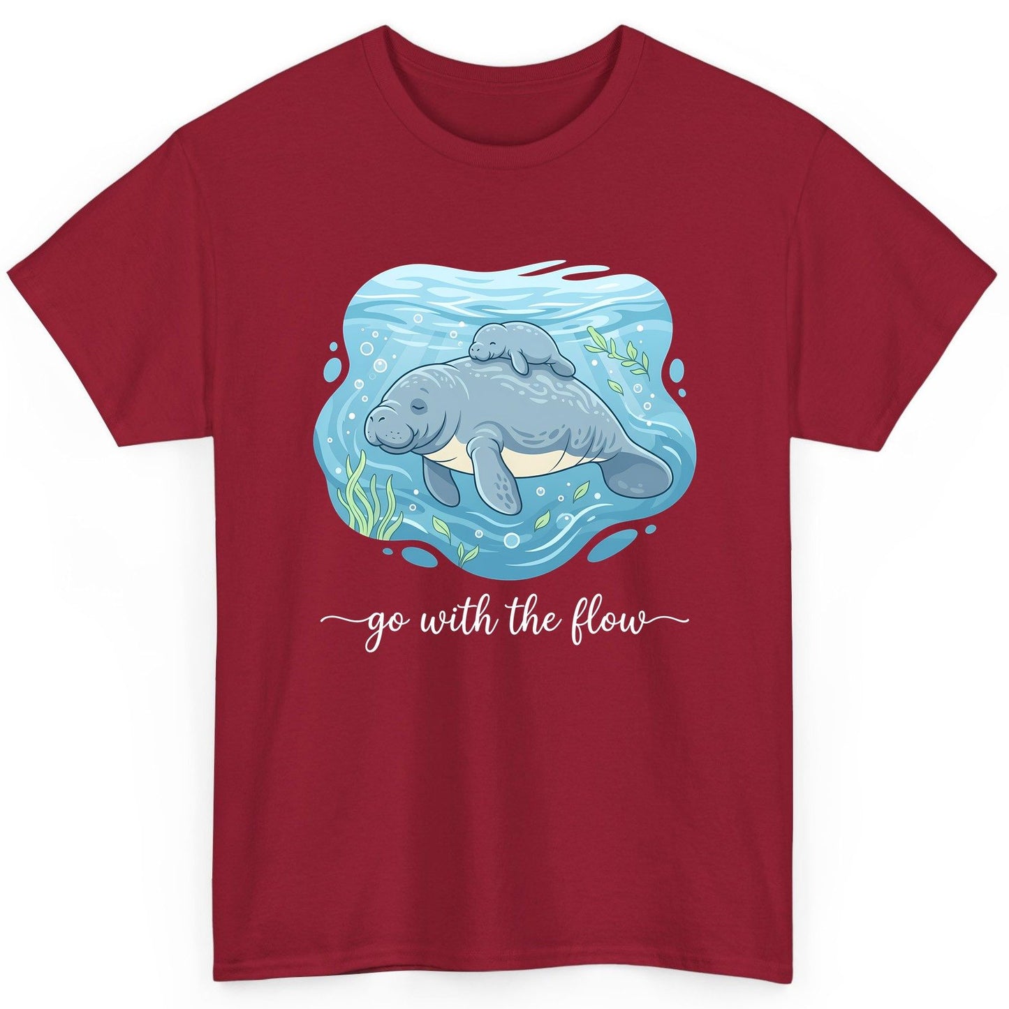 Go with the Flow Manatee T-Shirt - product mockup - Cardinal Red