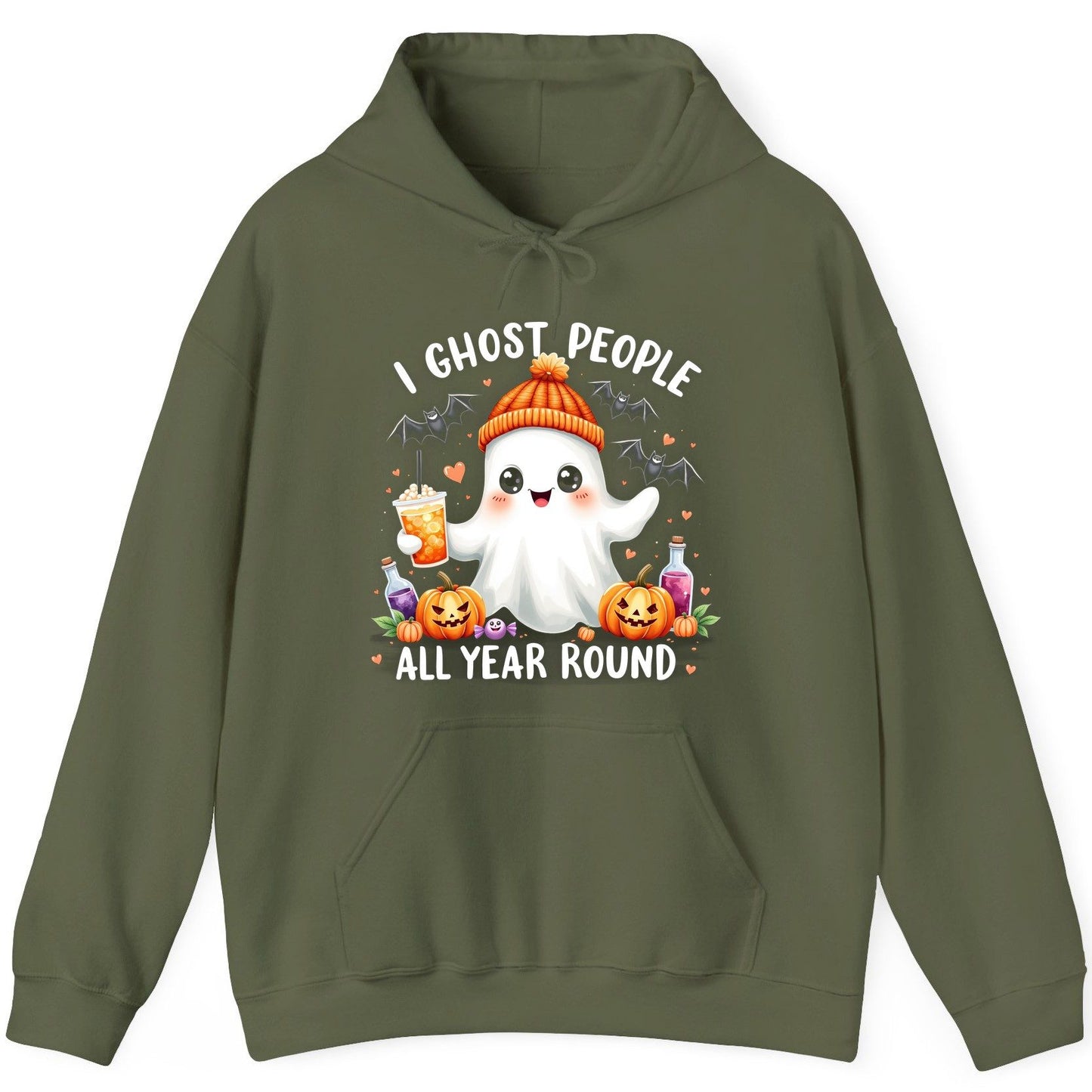 I Ghost People All Year Round cute ghost Hoodie Military Green product mockup