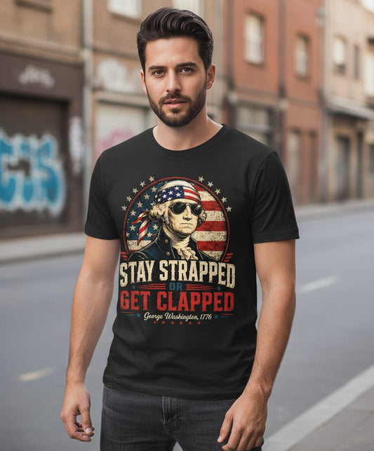 Stay Strapped or Get Clapped Funny Patriotic 2nd Amendment T-Shirt - lifestyle model mockup - Black