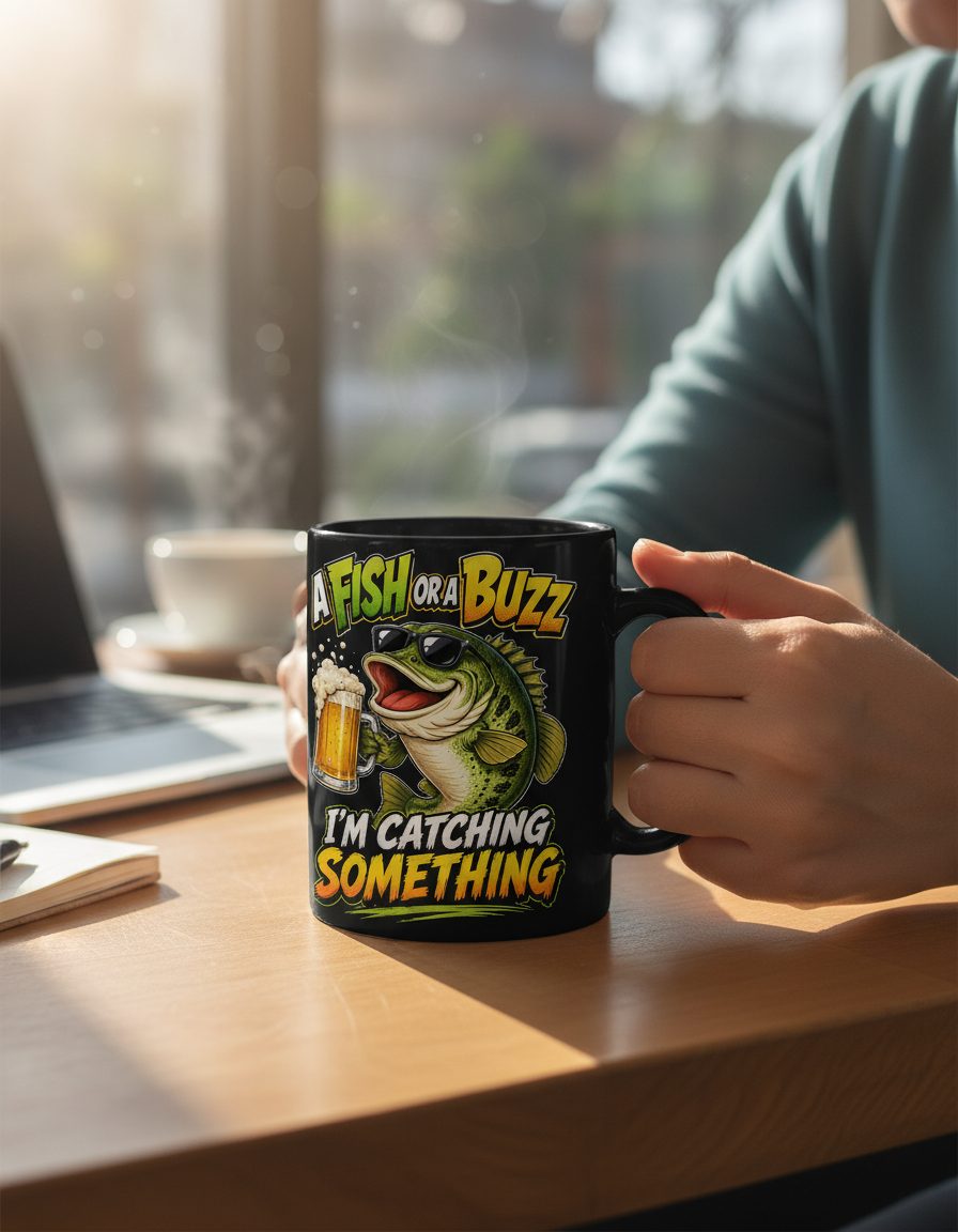 A FISH OR a BUZZ I'M Catching Something Funny Fishing Black Mug - lifestyle model mockup - Black