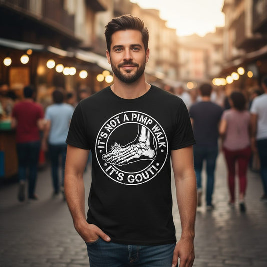 IT'S NOT a PIMP WALK IT'S GOUT Funny People T-Shirt - lifestyle model mockup - Black