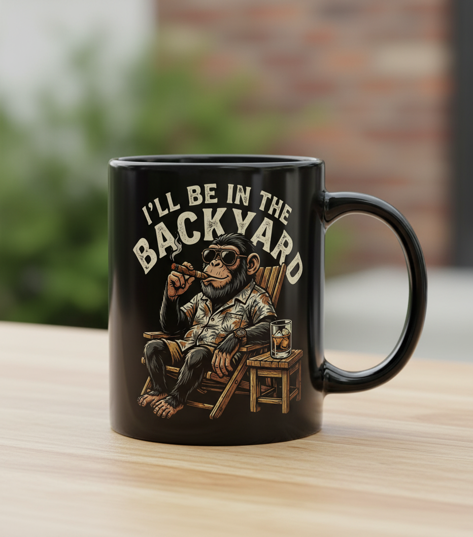 I'll Be In The Backyard Relaxing Chimp with Cigar Black Mug - Black