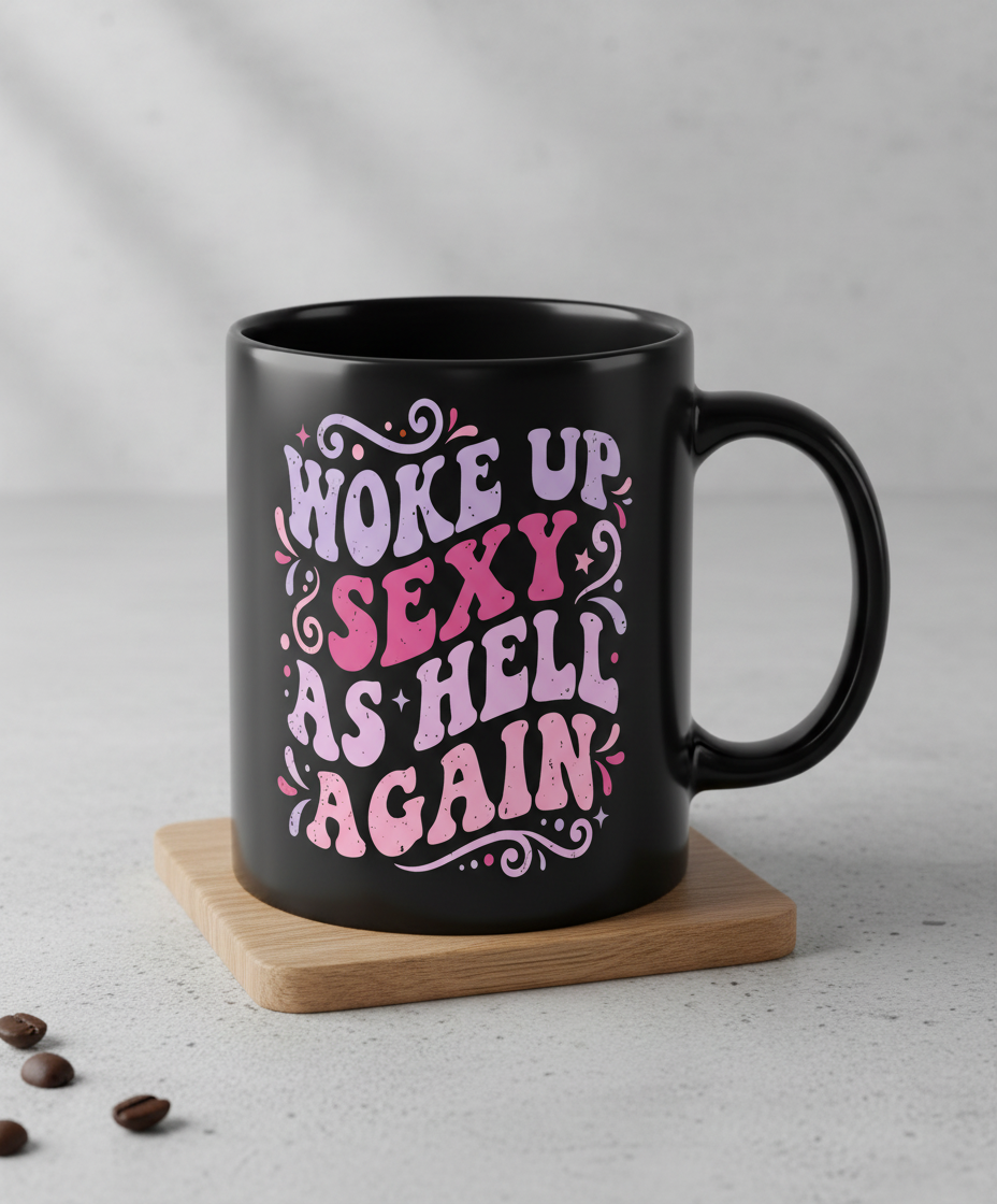 Woke Up Sexy As Hell Again Groovy Retro Typography Black Mug - Black