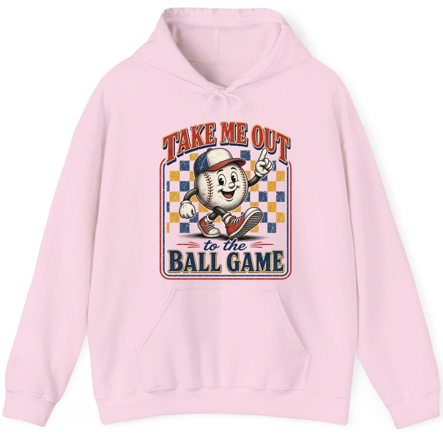 Take Me Out to the Ball Game Retro Baseball Hoodie - product mockup - Light Pink