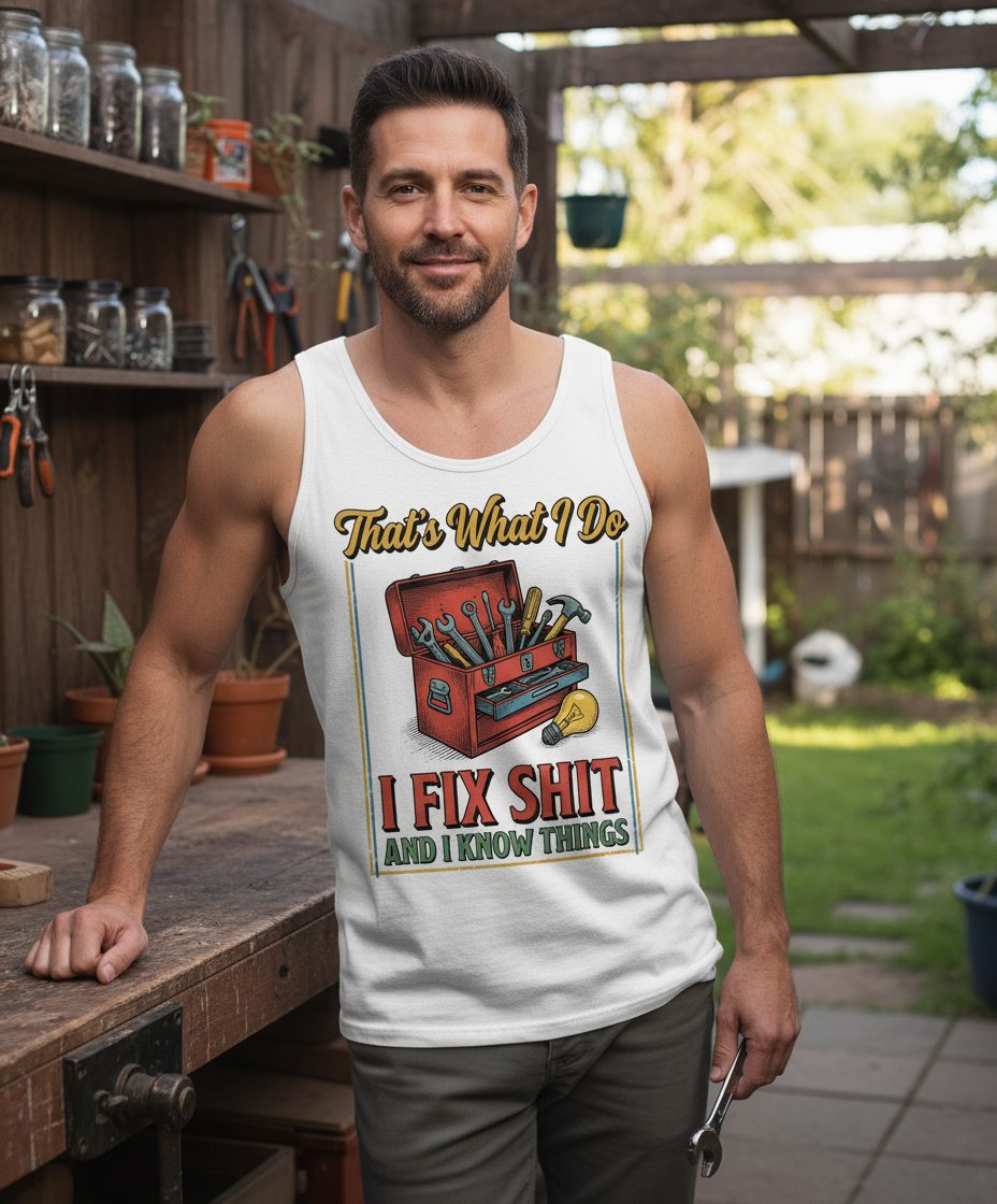 That's What I Do I Fix Shit and I Know Things Funny Handyman Tank Top - lifestyle model mockup - White