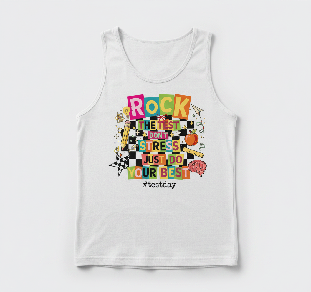 Rock The Test Don't Stress Just Do Your Best Motivational Design Tank Top - White