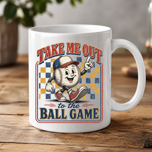Take Me Out to the Ball Game Retro Baseball White Mug - product mockup - White