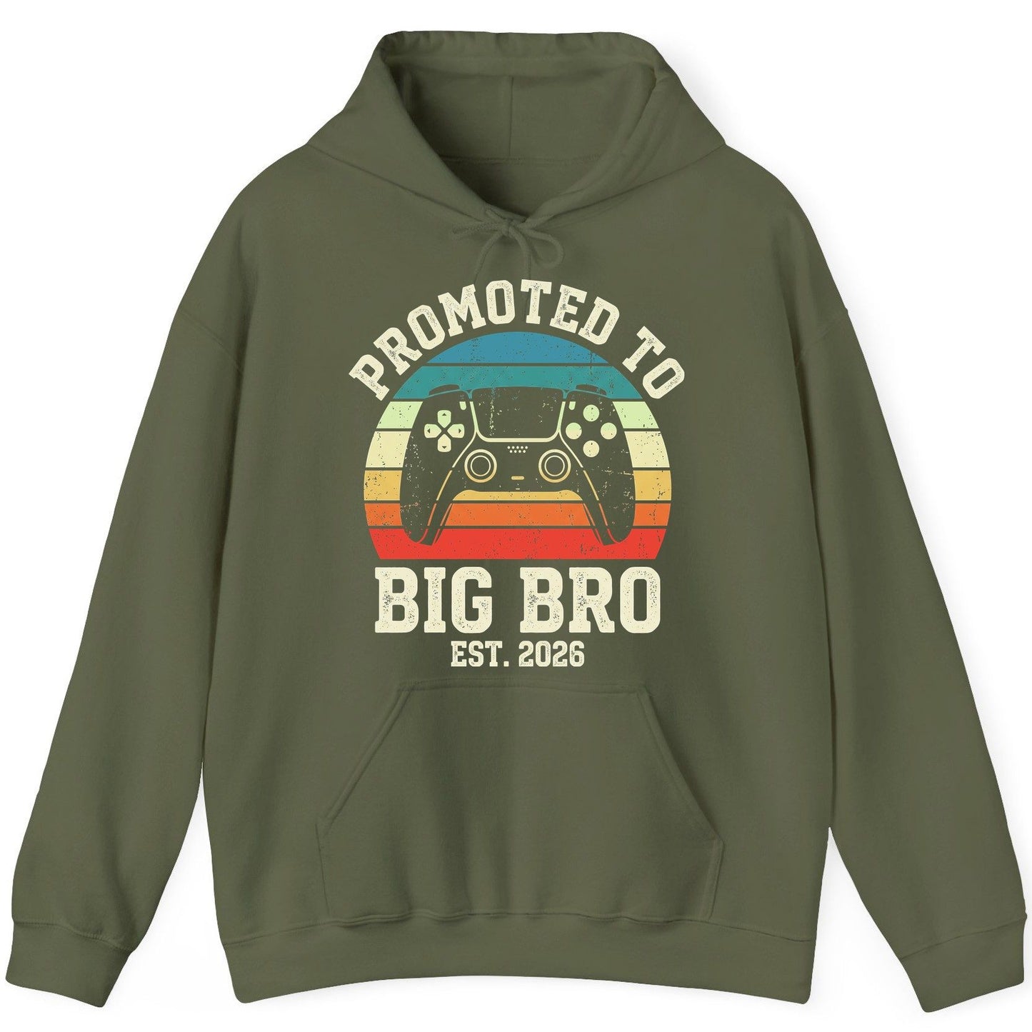 Promoted TO BIG BRO EST 2026 Retro Gaming Hoodie - product mockup - Military Green
