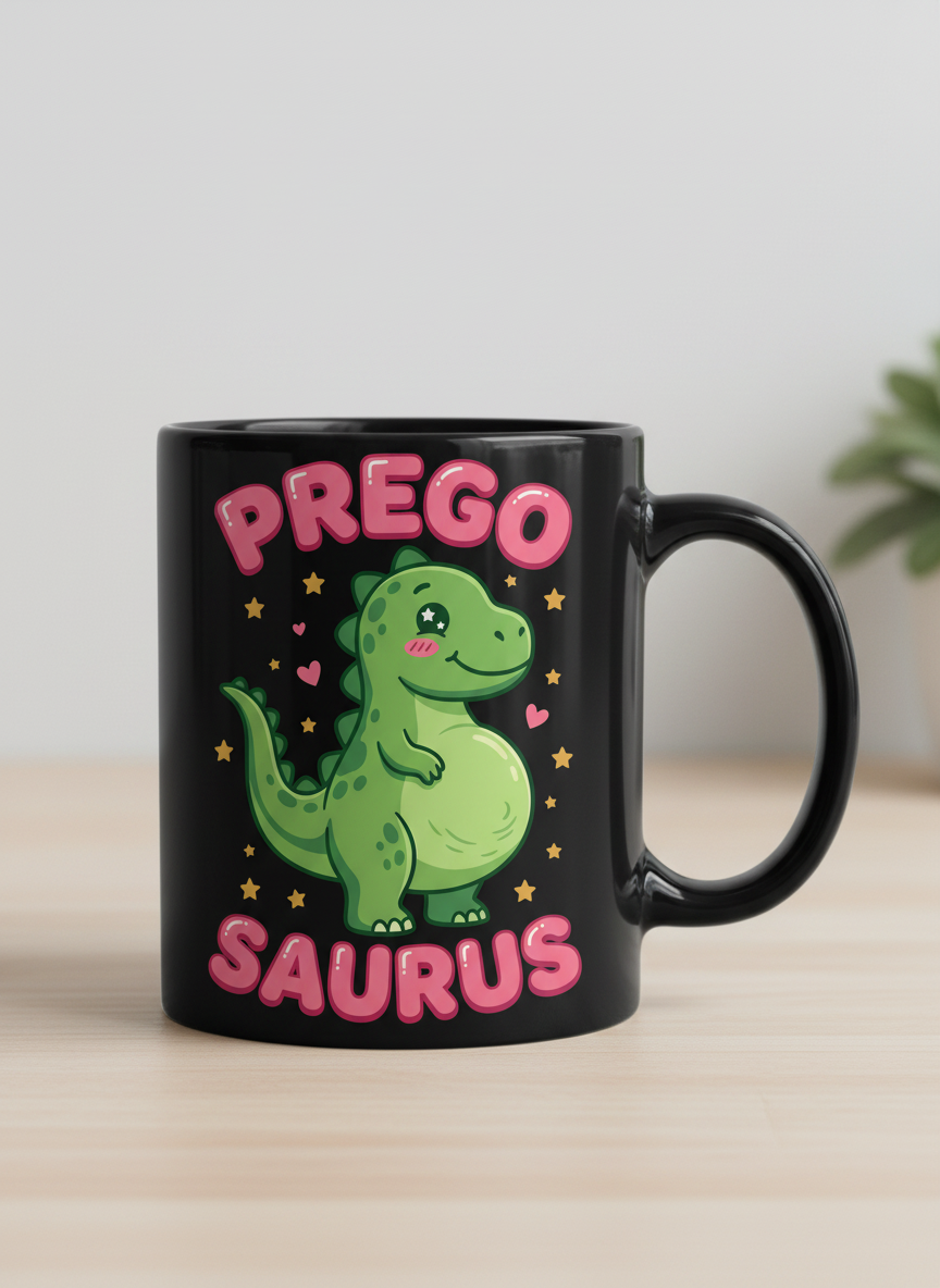 Cute Pregnant Dinosaur Prego Saurus Black Mug - Black