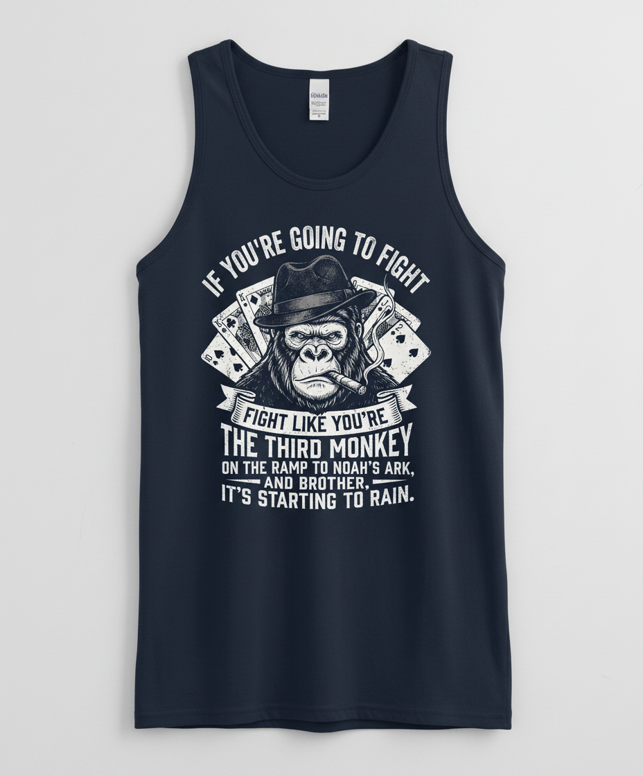 Third Monkey on Noah's Ark Fighting Gorilla Quote Tank Top - Navy