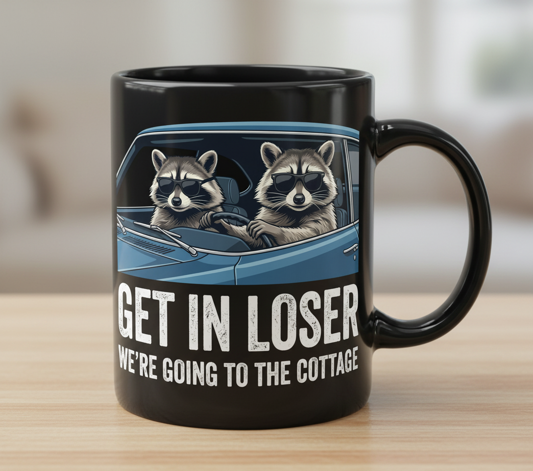Funny Raccoon Get In Loser We're Going To The Cottage Black Mug - Black