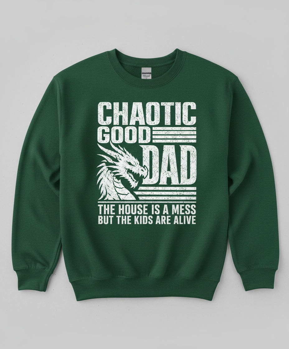 CHAOTIC GOOD DAD THE HOUSE IS A MESS BUT THE KIDS ARE ALIVE Funny Chaotic Good Dad Dragon Sweatshirt - product mockup - Forest Green