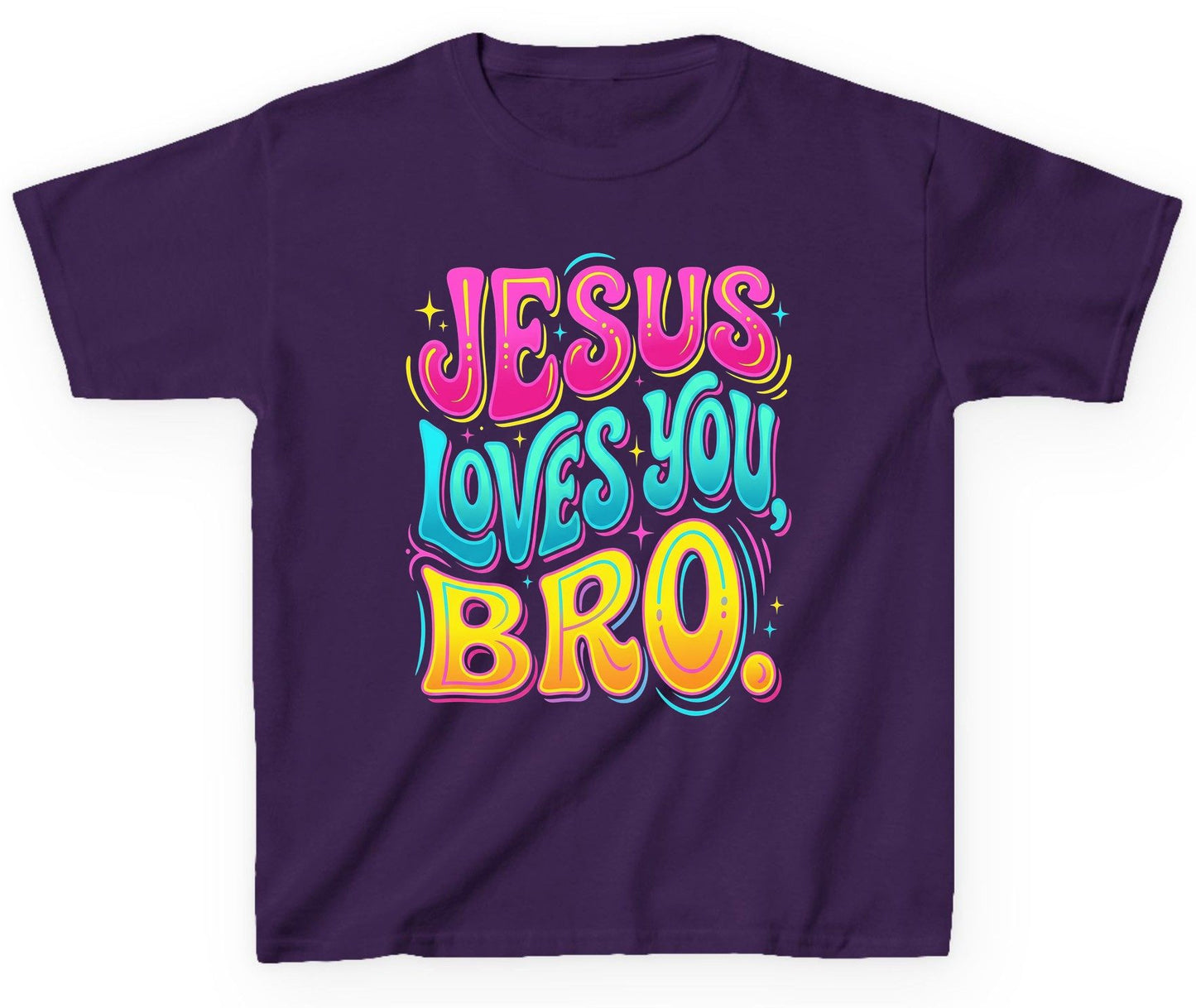 JESUS LOVES YOU BRO Retro Christian Youth T-Shirt - product mockup - Purple