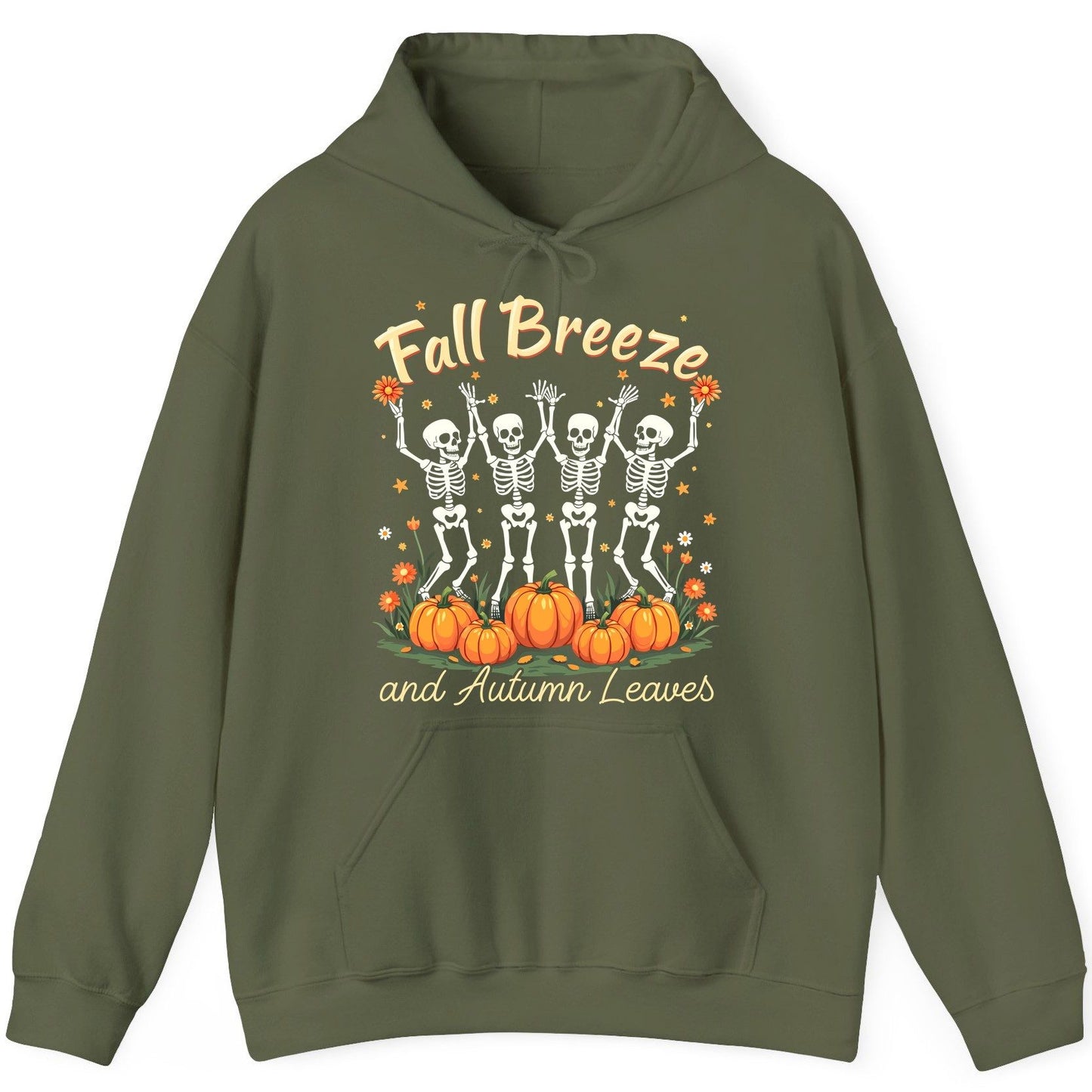 Fall Breeze and Autumn Leaves dancing skeletons Hoodie Military Green product mockup