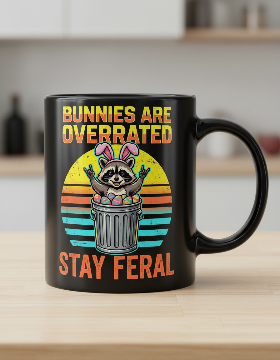 Bunnies Are Overrated Stay Feral Raccoon Black Mug - Black