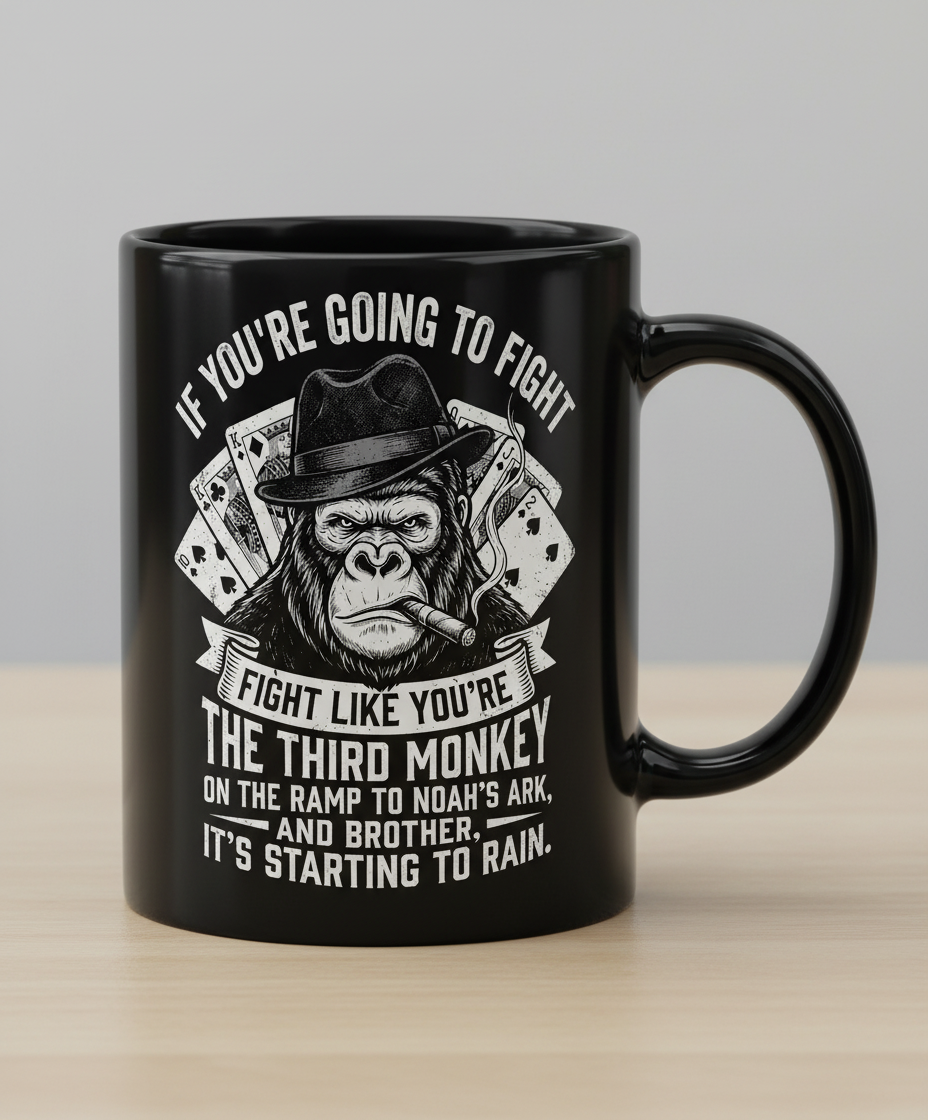 Third Monkey on Noah's Ark Fighting Gorilla Quote Black Mug - Black