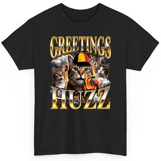 Greetings HUZZ Funny Cats T-Shirt - product mockup - Black