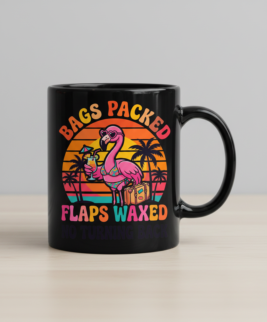 Bags Packed Flaps Waxed Funny Flamingo Vacation Black Mug - Black