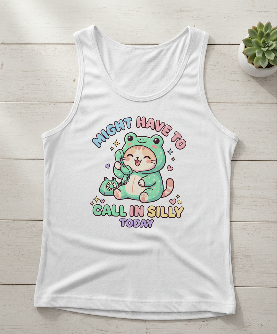 Kawaii Cat in Frog Costume Might Have To Call In Silly Today Tank Top - White