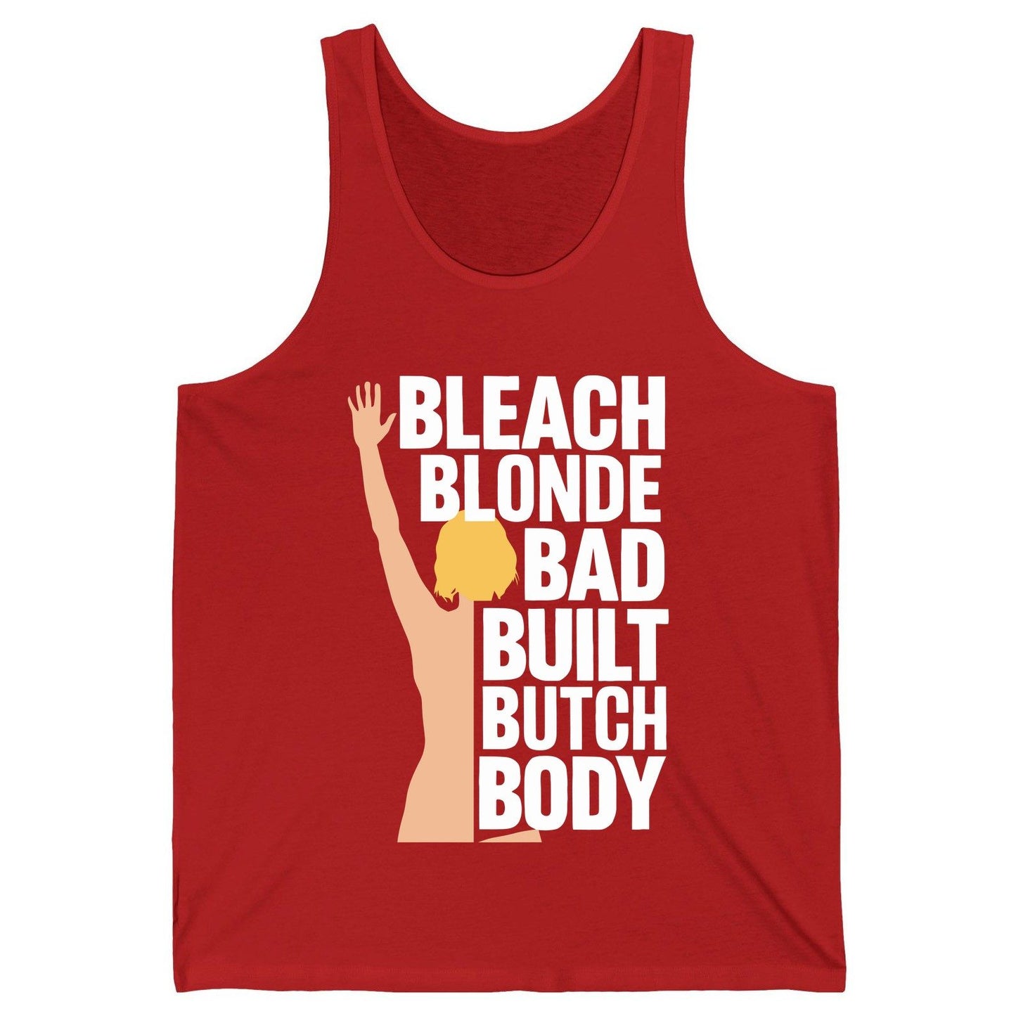 Bleach Blonde Bad Built Butch Body pop culture meme Tank Top Red product mockup