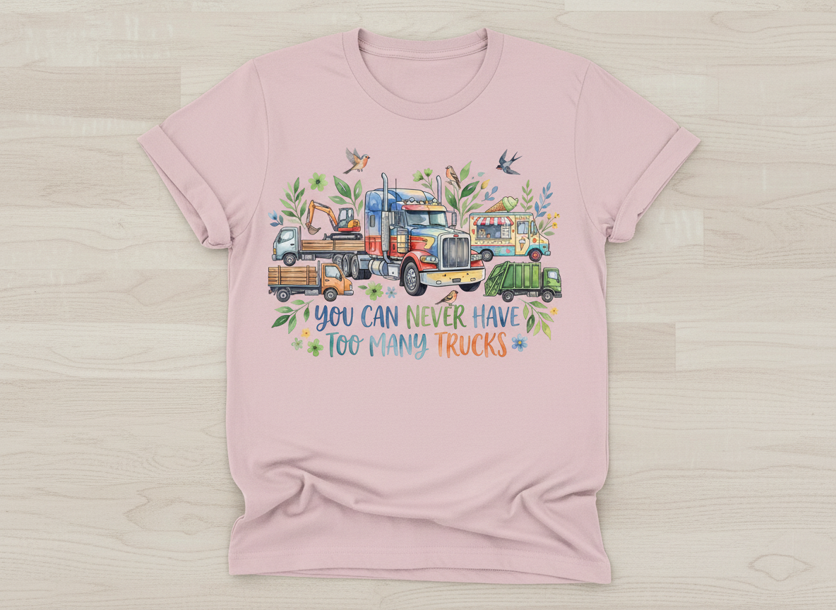 You Can Never Have Too Many Trucks Watercolor Design T-Shirt - Light Pink