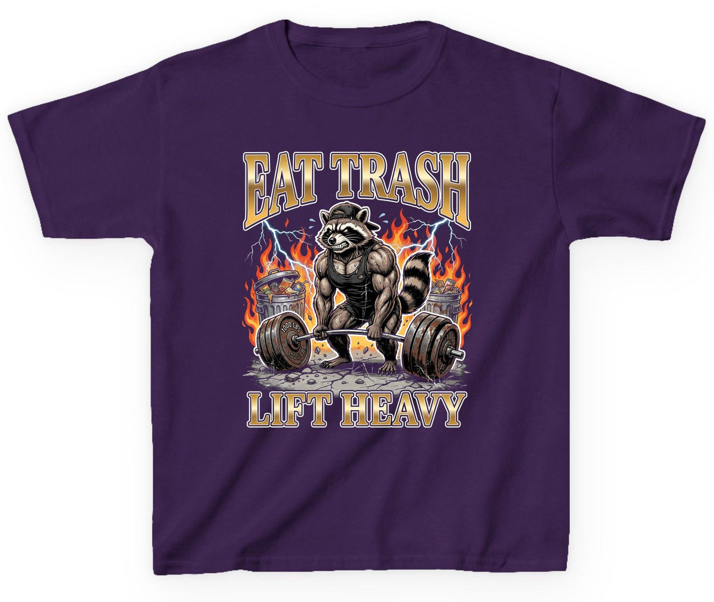 Eat Trash Lift Heavy weightlifting raccoon Youth T-Shirt Purple product mockup