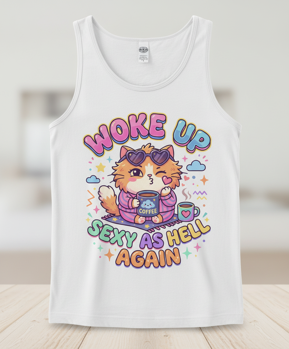 Woke Up Sexy As Hell Again Cute Cat Tank Top - White