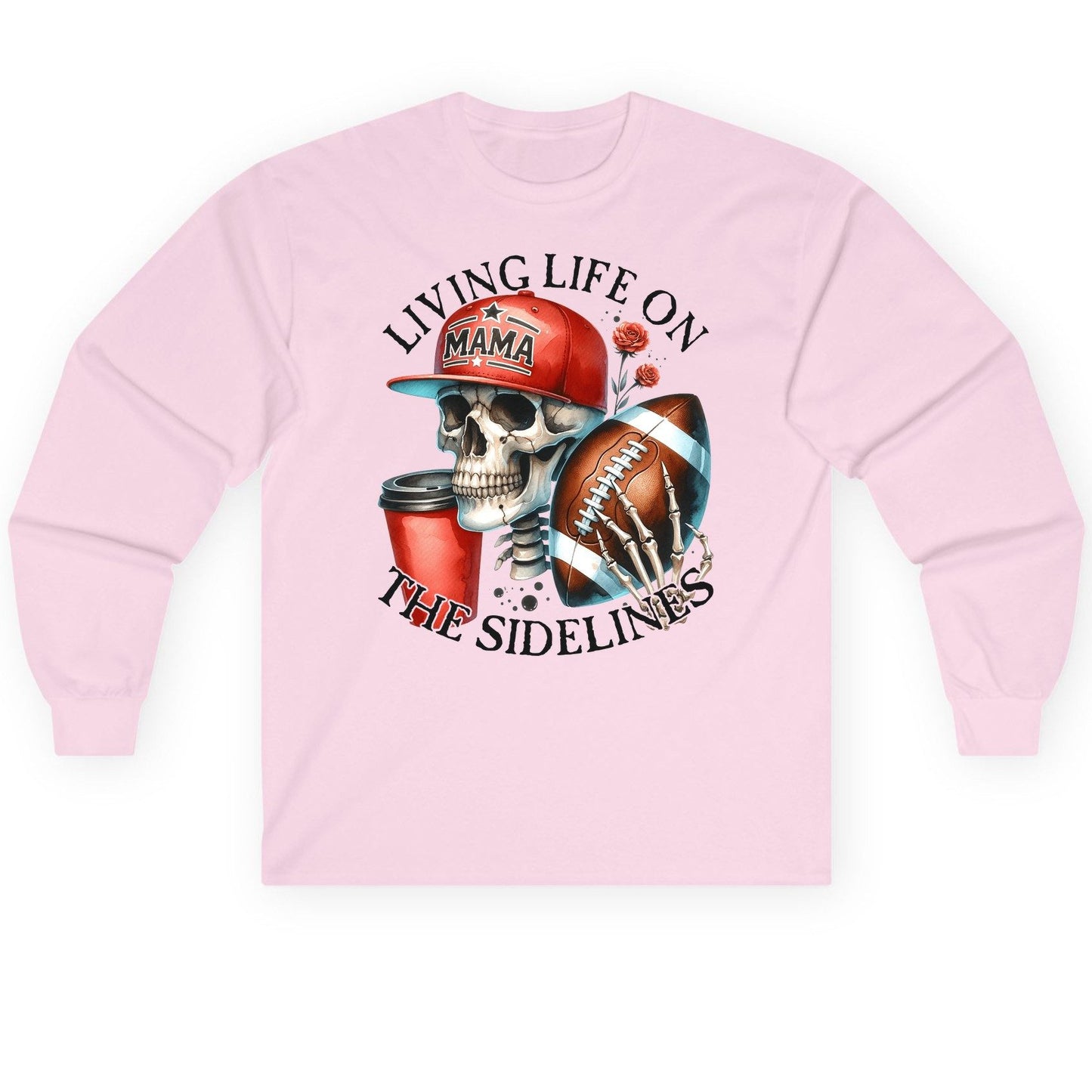Living Life on the Sidelines football mama Long Sleeve Tee Light Pink product mockup
