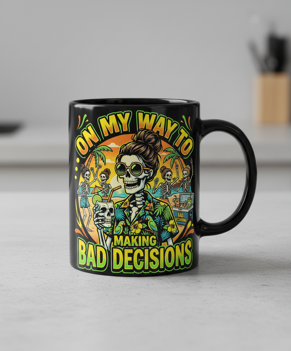 On My Way To Making Bad Decisions Skeleton Beach Party Black Mug - Black