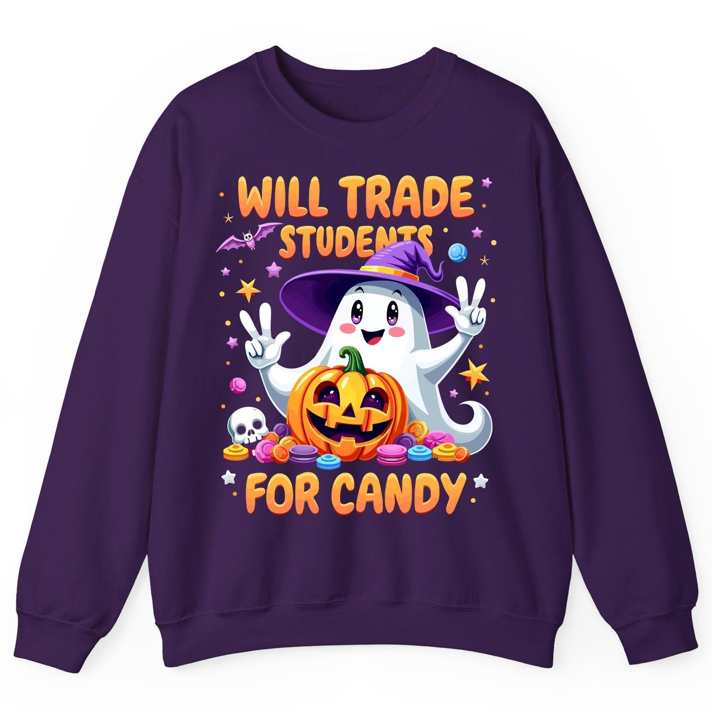 Will Trade Students for Candy teacher Halloween Sweatshirt Purple product mockup