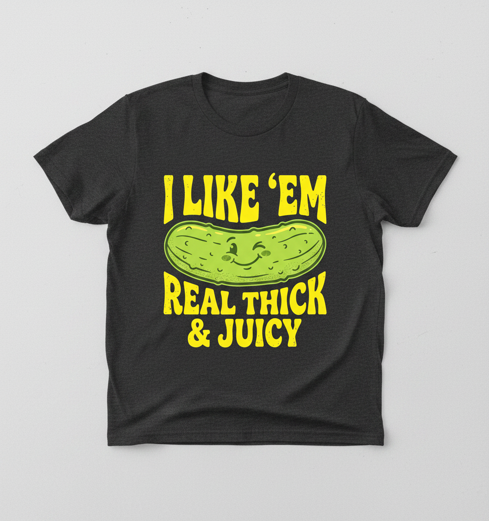 I Like 'Em Real Thick & Juicy Pickle Funny Food Pun T-Shirt - Dark Heather