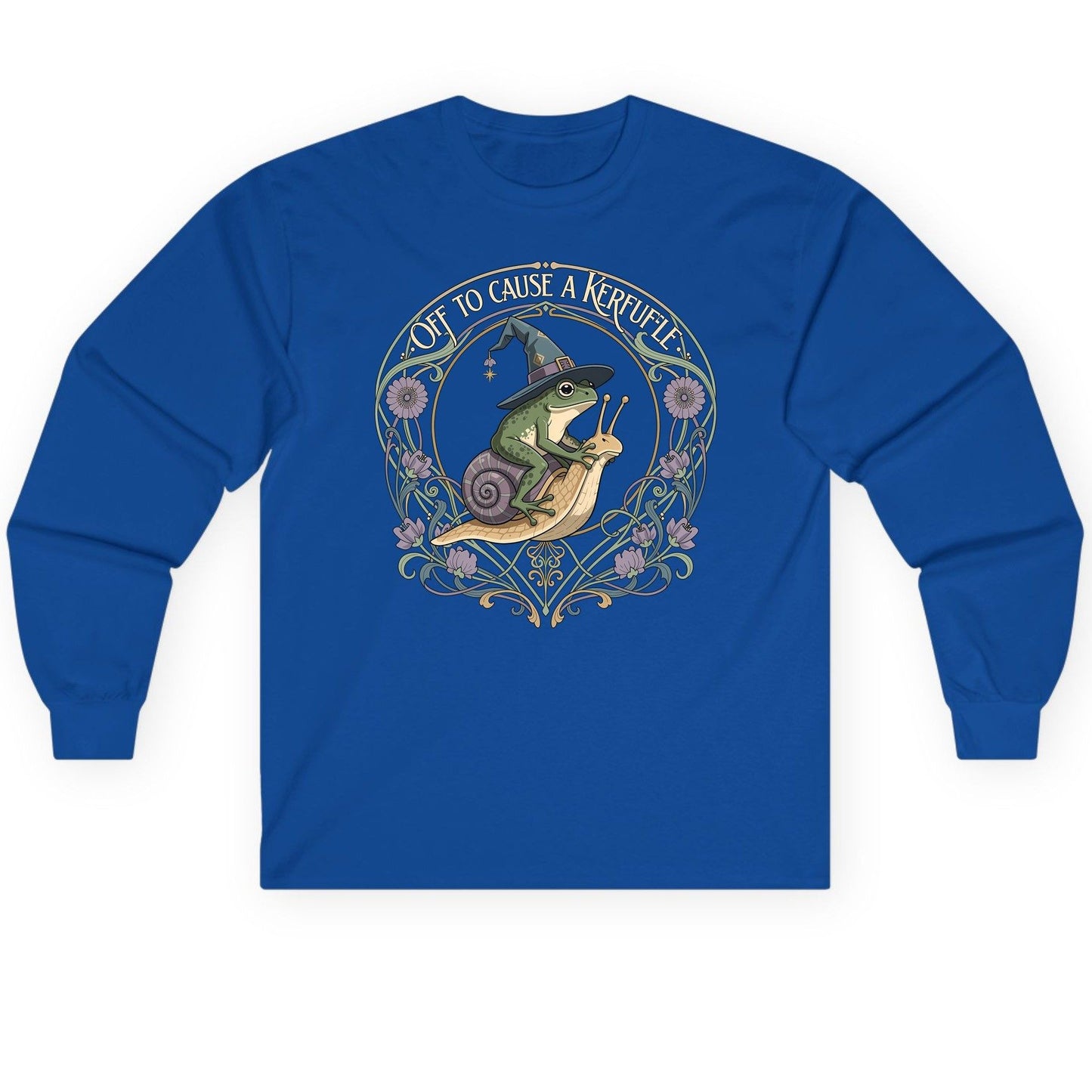 Off to Cause a Kerfuffle frog riding a snail Long Sleeve Tee Royal product mockup