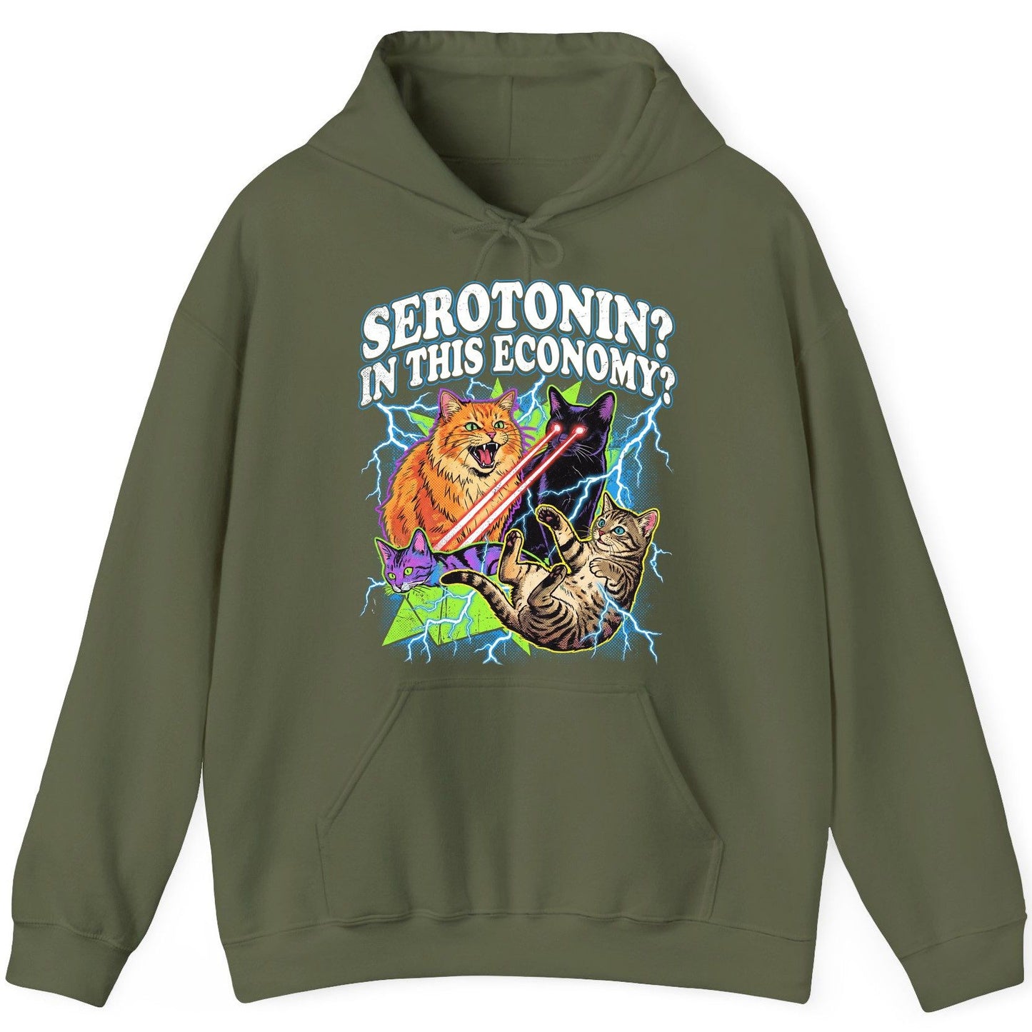 Serotonin in This Economy? cats Hoodie Military Green product mockup
