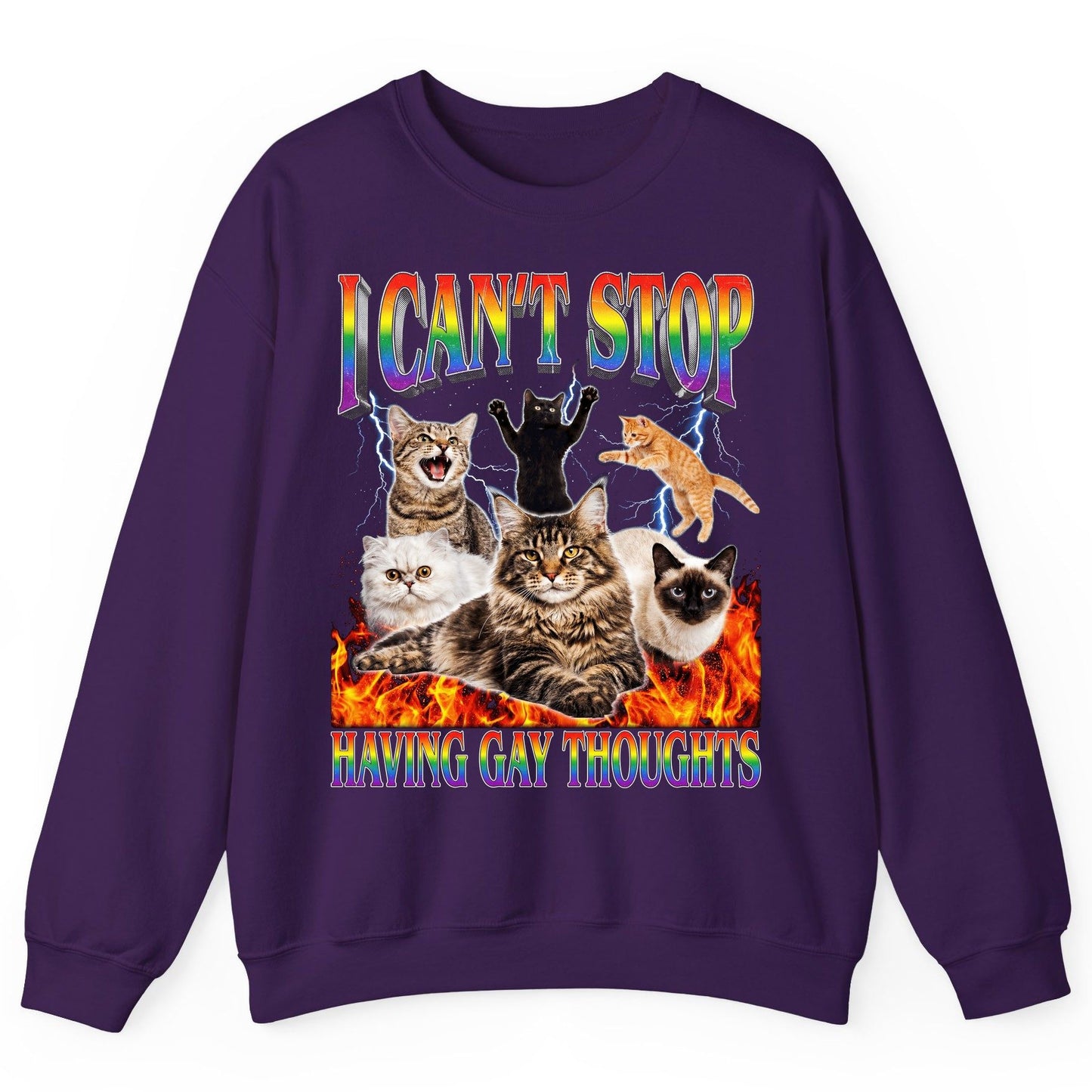 I Can't Stop Having Gay Thoughts cats Sweatshirt Purple product mockup
