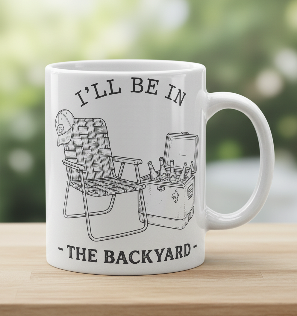 I'll Be In The Backyard Lawn Chair and Beer Cooler Design White Mug - White