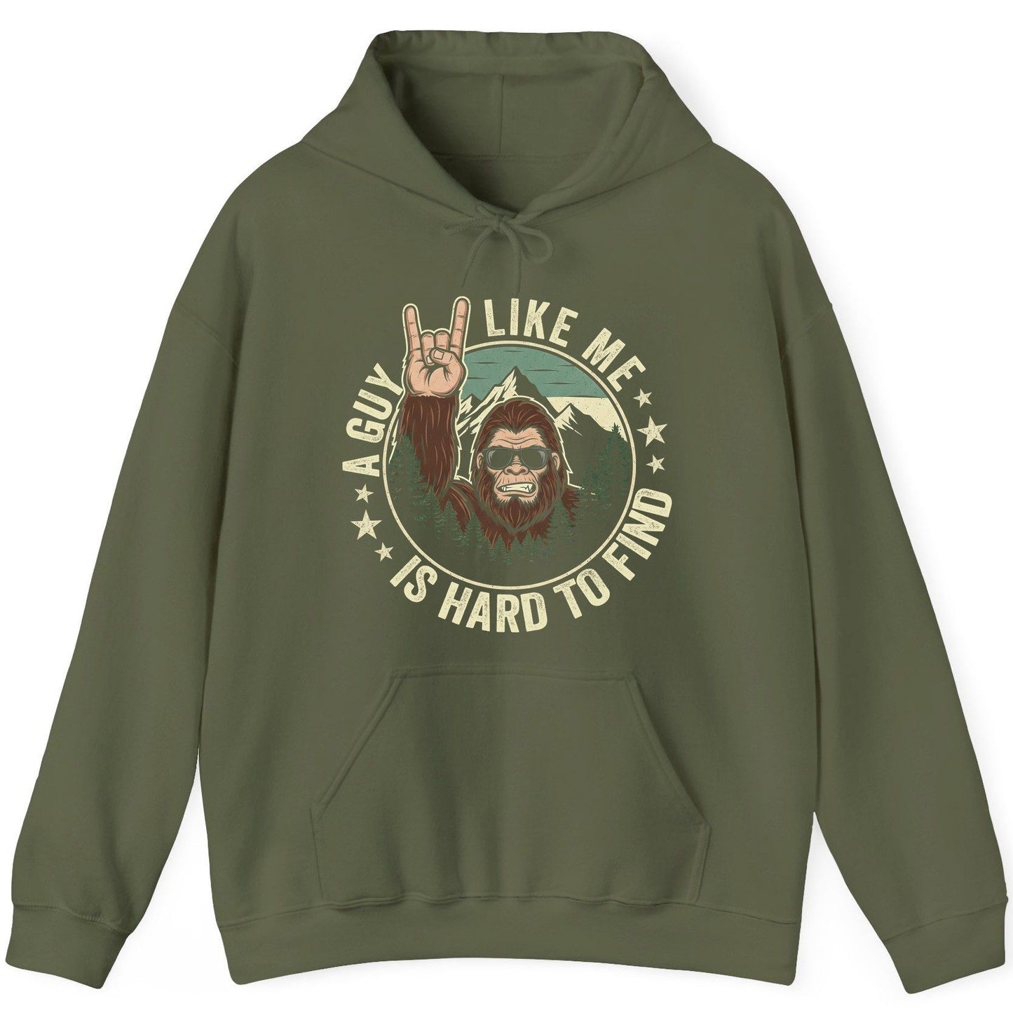 A Guy Like Me Is Hard to Find bigfoot Hoodie Military Green product mockup