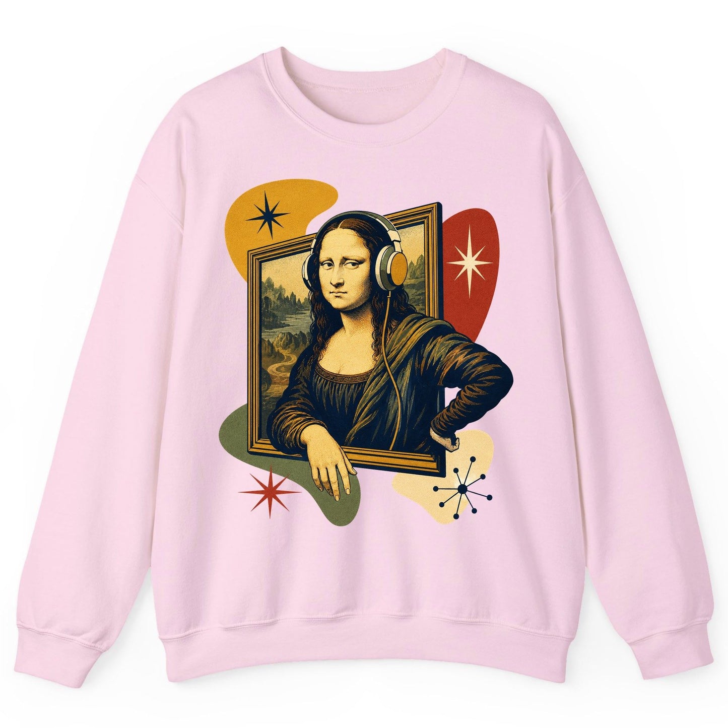 Retro Mona Lisa with Headphones Funny Art Lovers Sweatshirt - product mockup - Light Pink