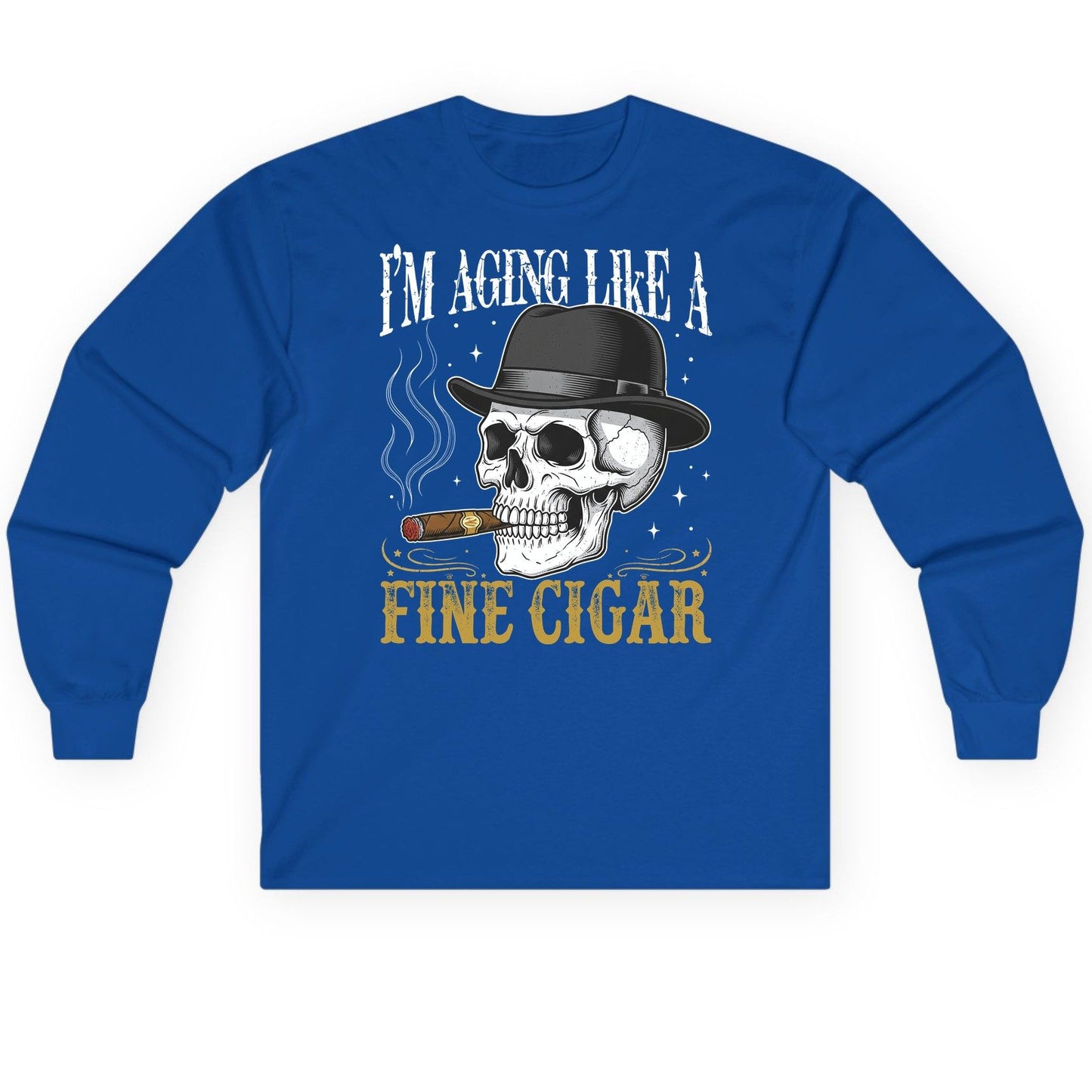 I'm Aging Like a Fine Cigar smoking skull Long Sleeve Tee Royal product mockup