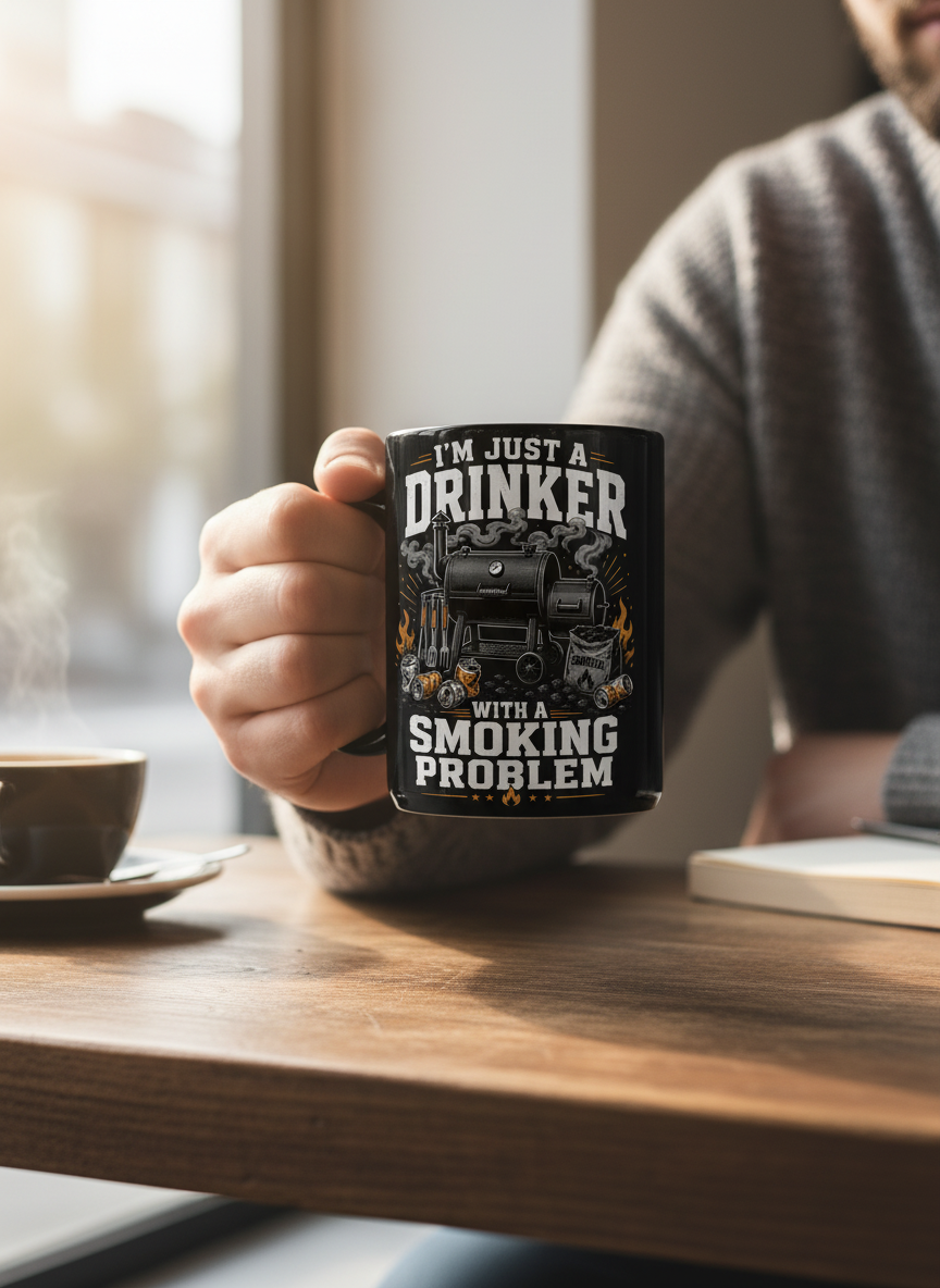 I'M JUST A DRINKER WITH A SMOKING PROBLEM Funny Drinker With A Smoking Problem BBQ Black Mug - lifestyle model mockup - Black