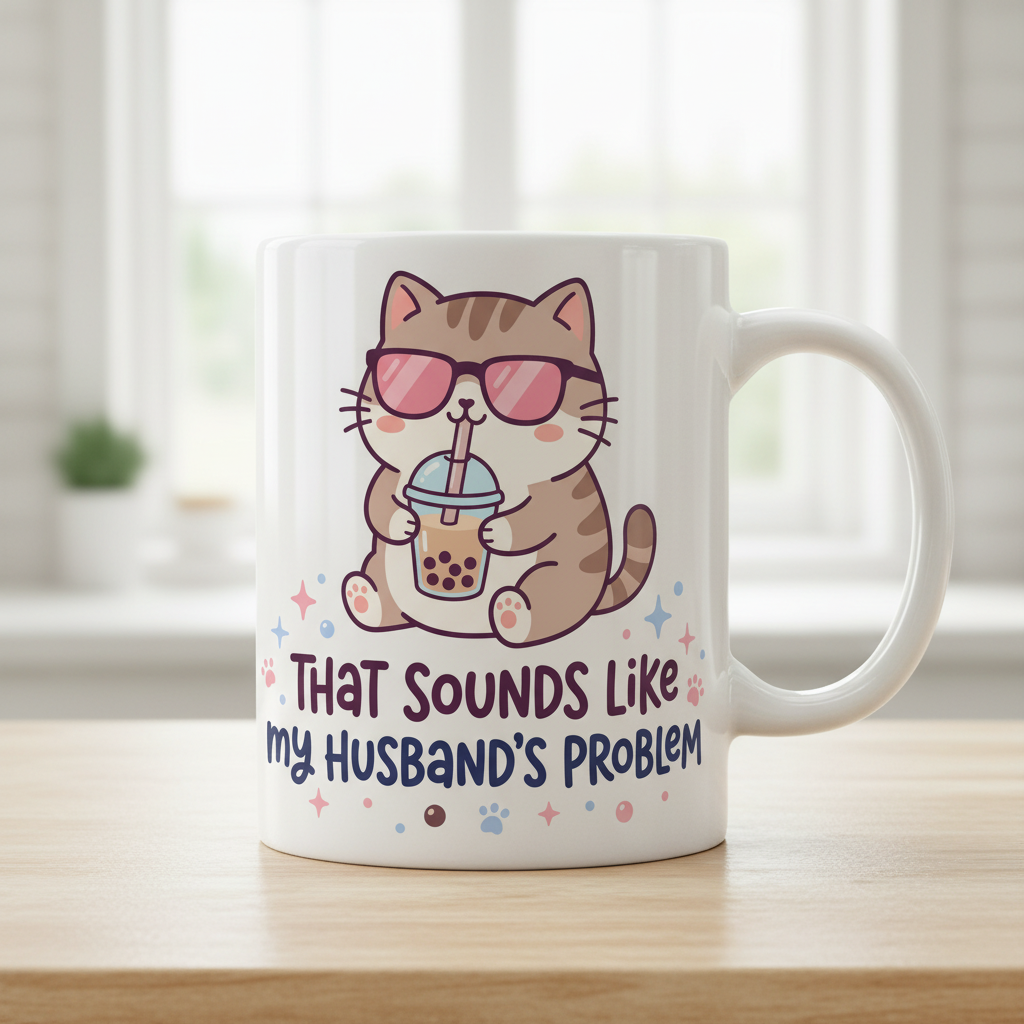 That Sounds Like My Husband's Problem Cat with Boba Tea White Mug - White