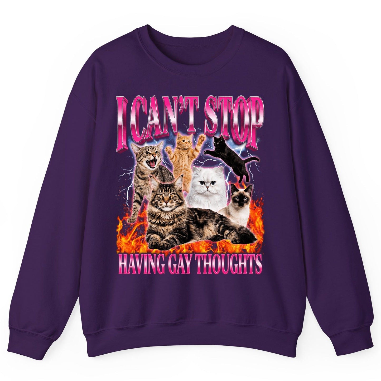 I Can't Stop Having Gay Thoughts cats Sweatshirt Purple product mockup