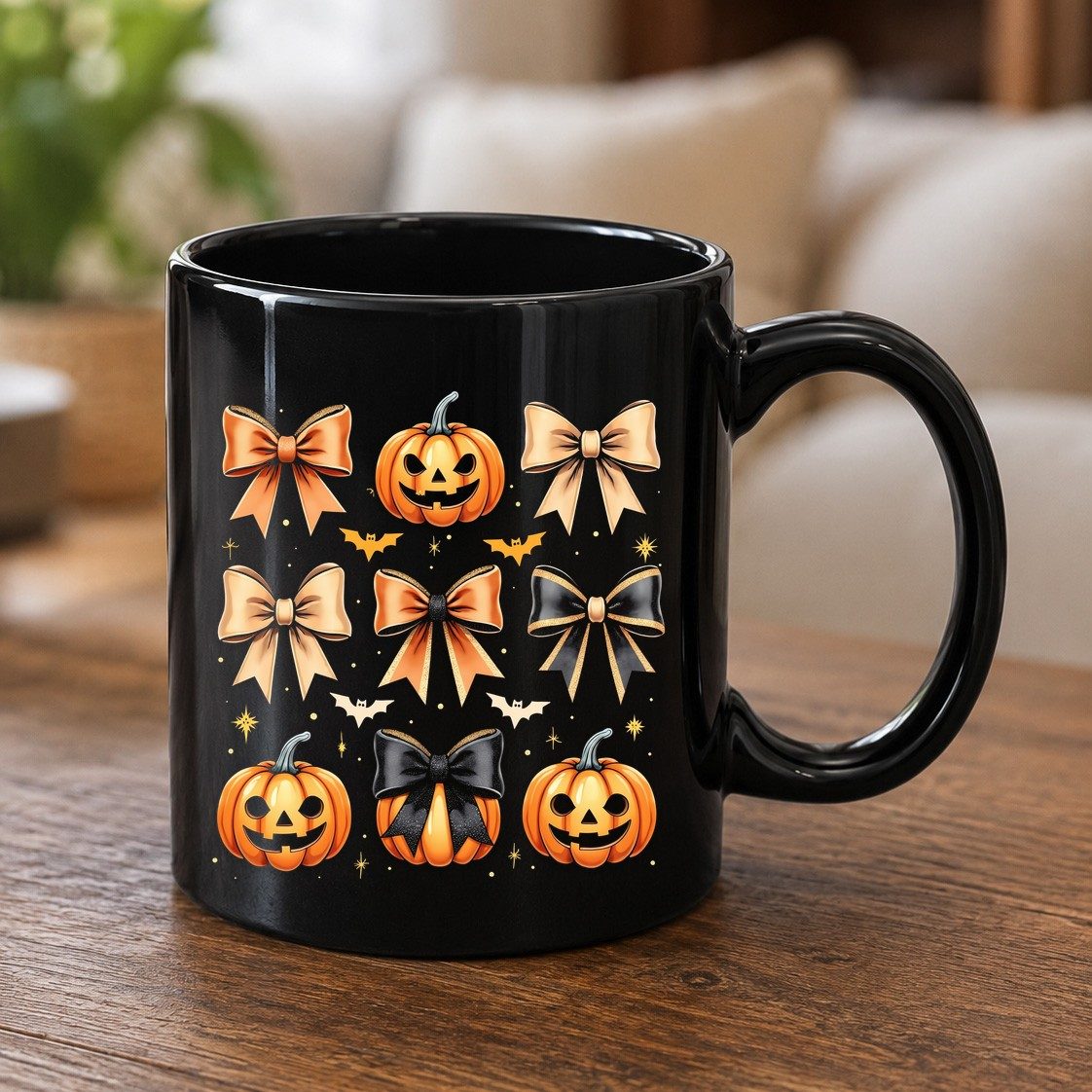 Cute Halloween Pumpkins and Bows Halloween Black Mug Black product mockup
