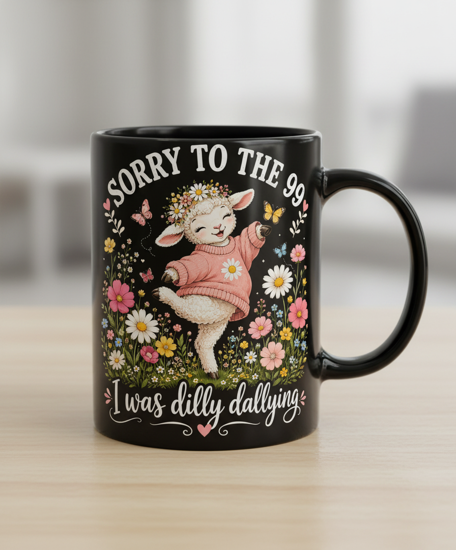 Cute Dilly Dallying Lamb "Sorry To The 99" Funny Design Black Mug - Black