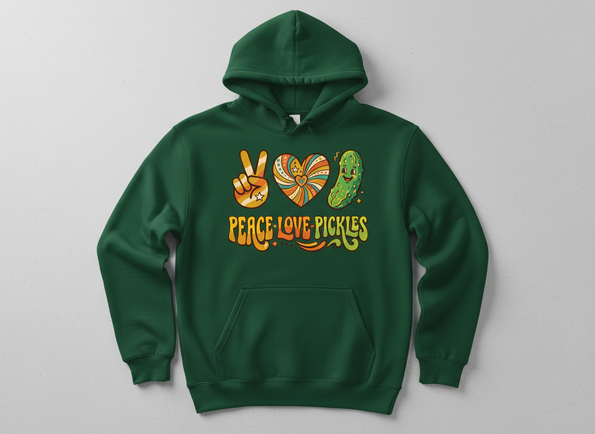 Peace Love Pickles Retro 70s Hippie Design Hoodie - Forest Green
