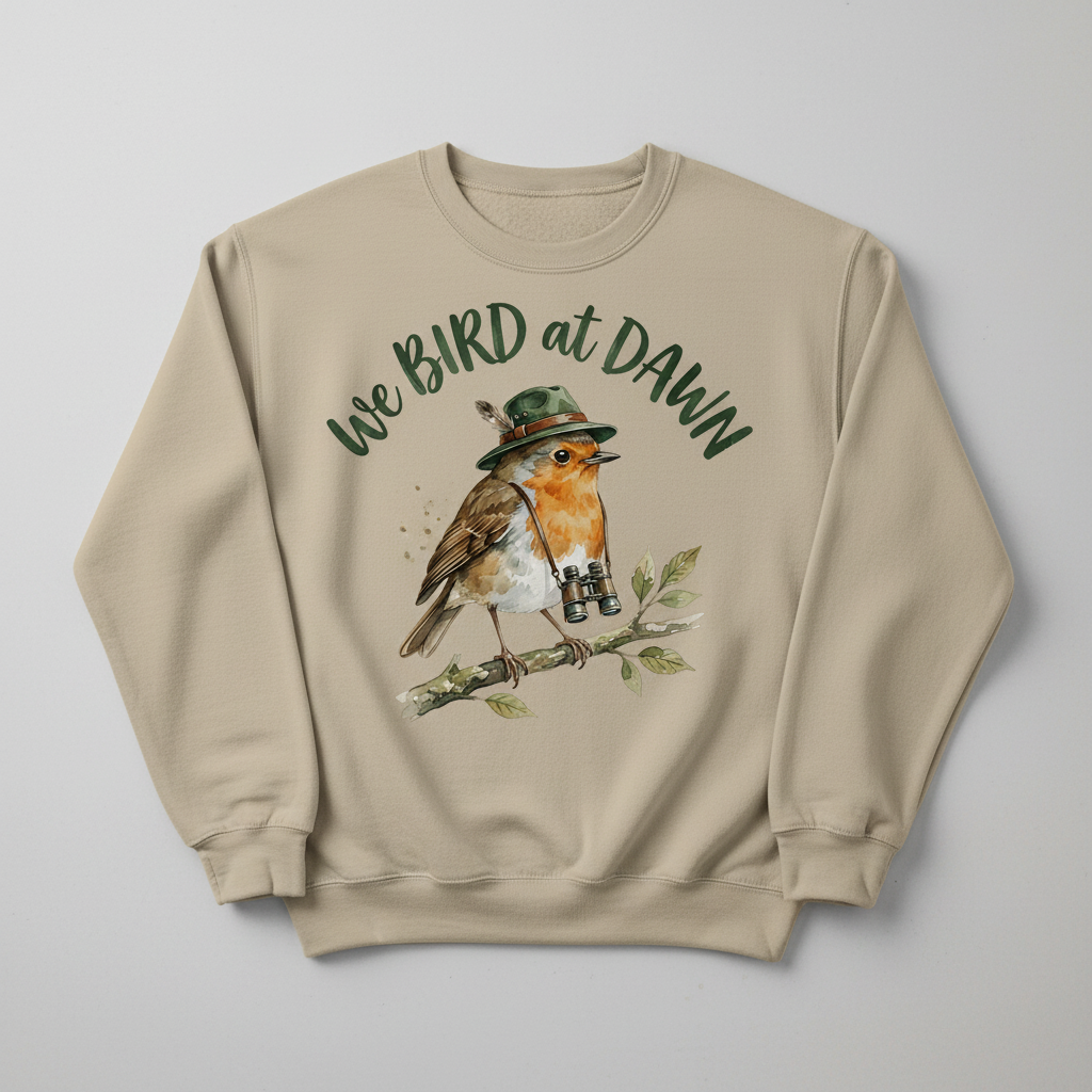 Watercolor Robin Birdwatcher with Hat and Binoculars Sweatshirt - product mockup - Sand