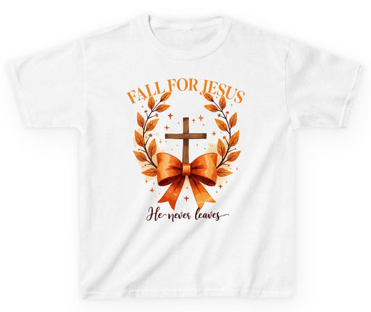 Fall for Jesus He Never Leaves christian faith Youth T-Shirt White product mockup
