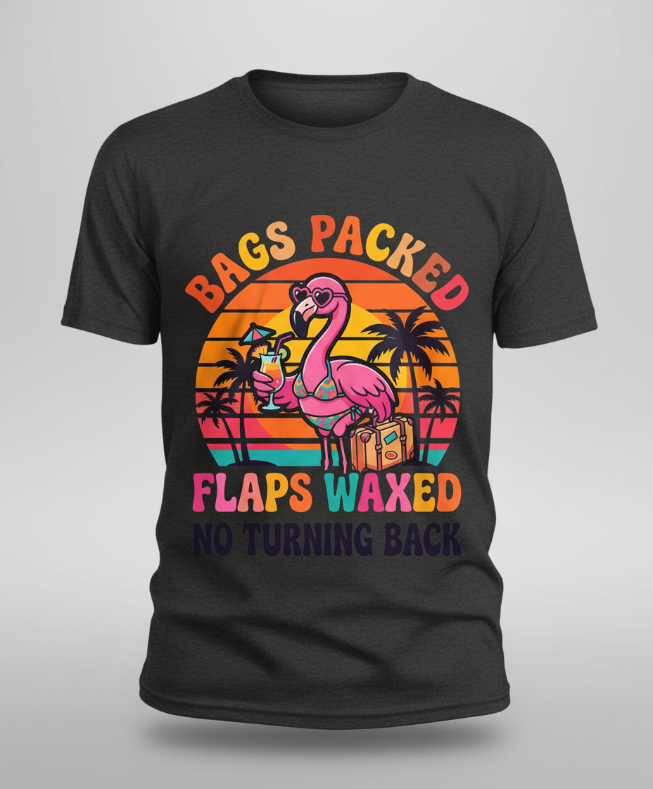 Bags Packed Flaps Waxed Funny Flamingo Vacation T-Shirt - Dark Heather