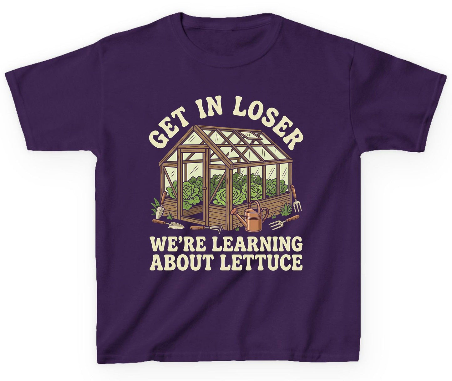 GET IN LOSER WE'RE Learning ABOUT Lettuce Youth T-Shirt - product mockup - Purple