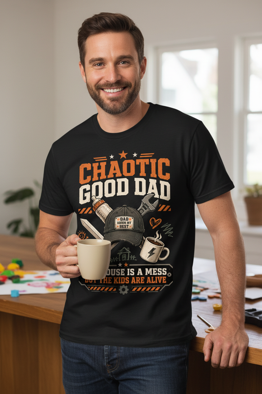 Chaotic Good Dad. The House Is A Mess But The Kids Are Alive. Funny Chaotic Good Dad T-Shirt - lifestyle model mockup - Black